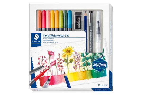 ΣΕΤ ΜΑΡΚΑΔΟΡΟΙ ΑΚΟΥΑΡΕΛΑΣ FLORAL ΜΕ ΓΟΜΟΛΑΣΤΙΧΑ, ΜΟΛΥΒΙ & ΞΥΣΤΡΑ STAEDTLER 12 TEM