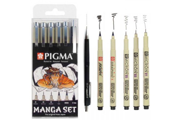 ΜΑΡΚΑΔΟΡΑΚΙΑ MANGA PIGMA MICRON BLACK ΣΕΤ6 (0.1, 0.3 ,0.5, 1mm, 1 BRUSH PEN και 1 μηχανικό μολύβι SAKURA 0,7)
